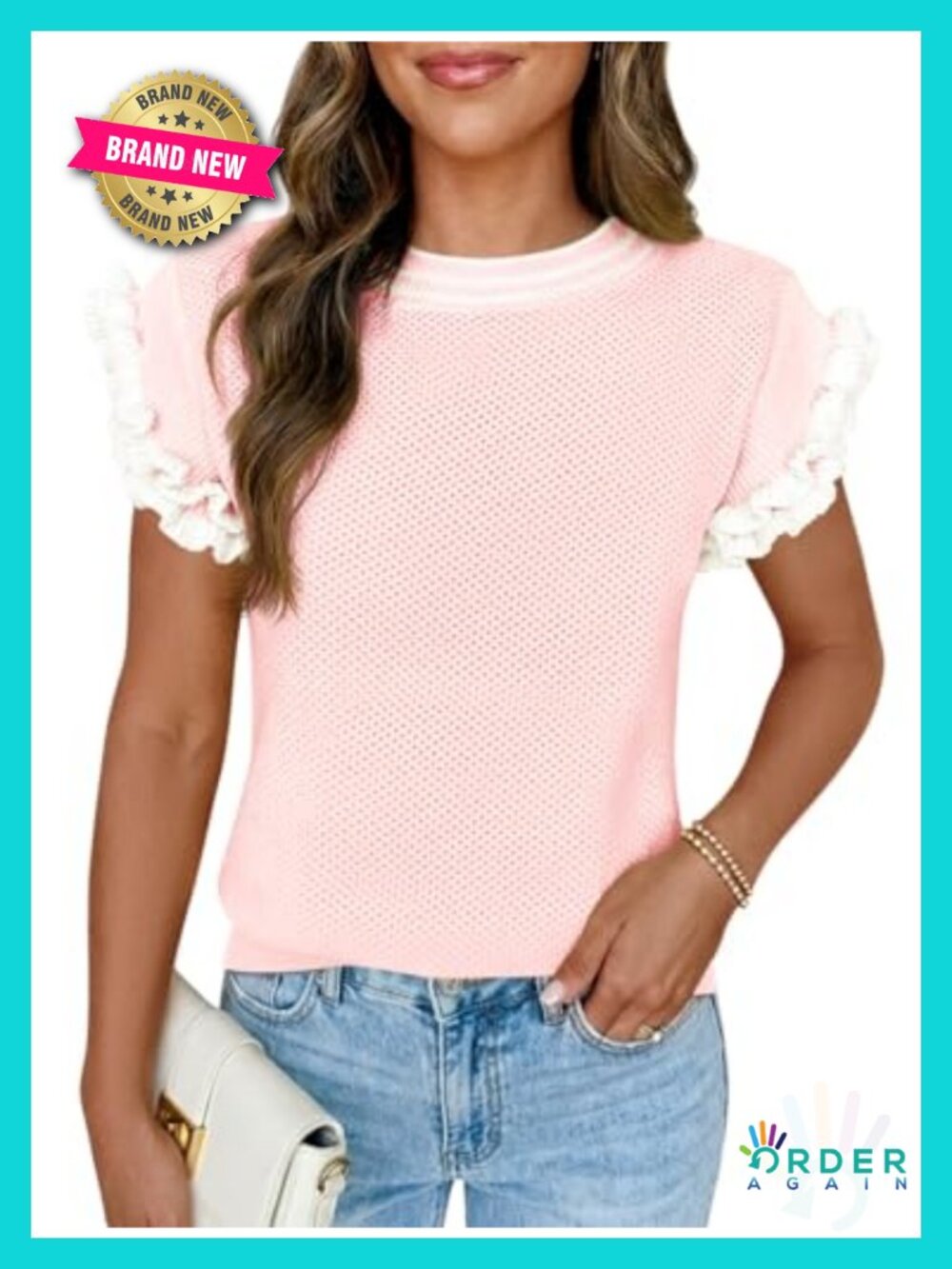 Ruffle Short Sleeve Knit Pullover Sweater Color Block Loose Fit
